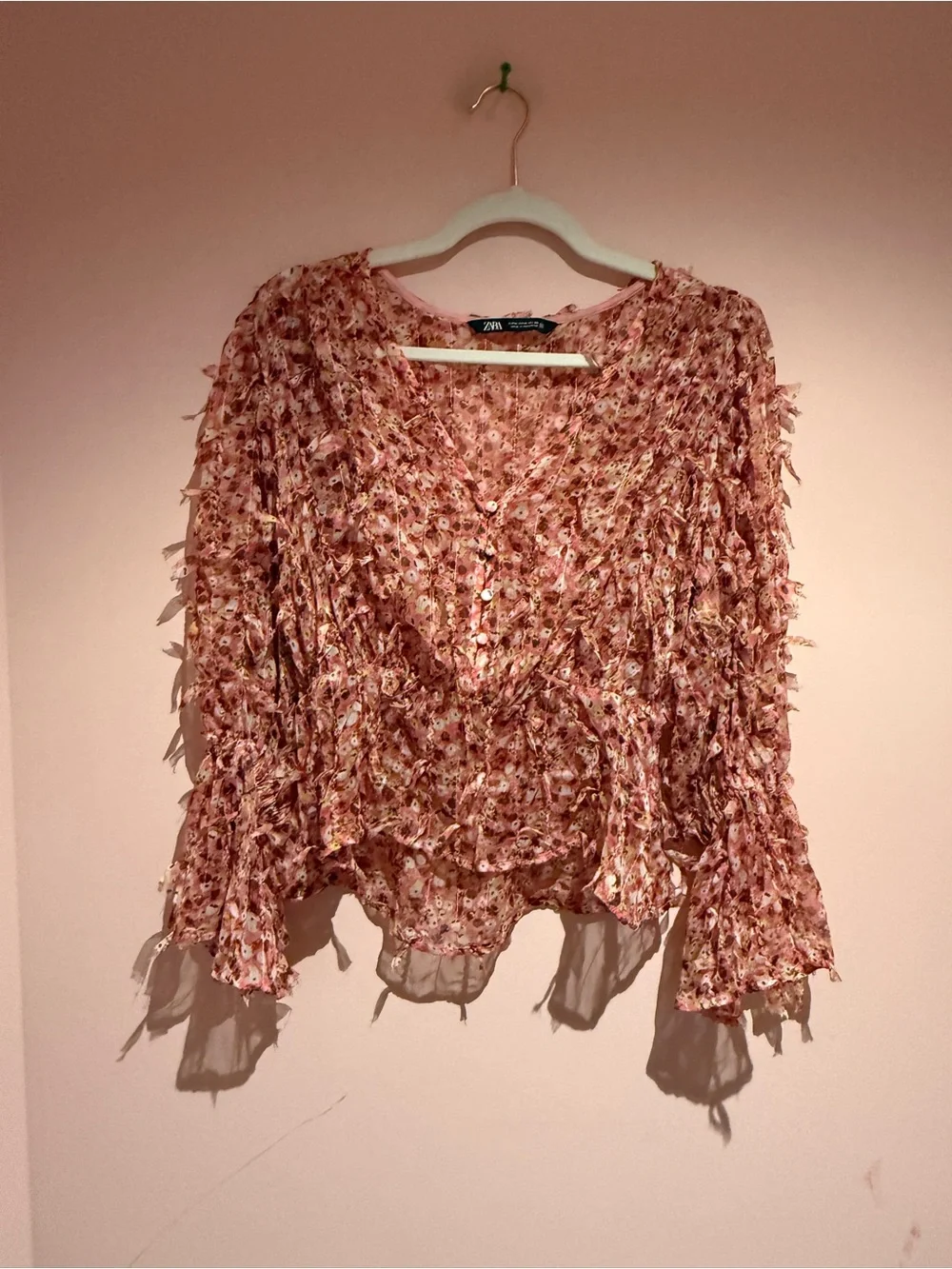 Zara Pink Textured Floral Peplum Top